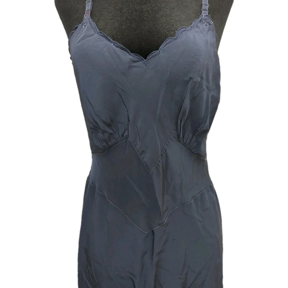 Z8 Vntg Komar Woman's Blue Satin V Neck Scalloped Slip Dress Lingerie Avg 36